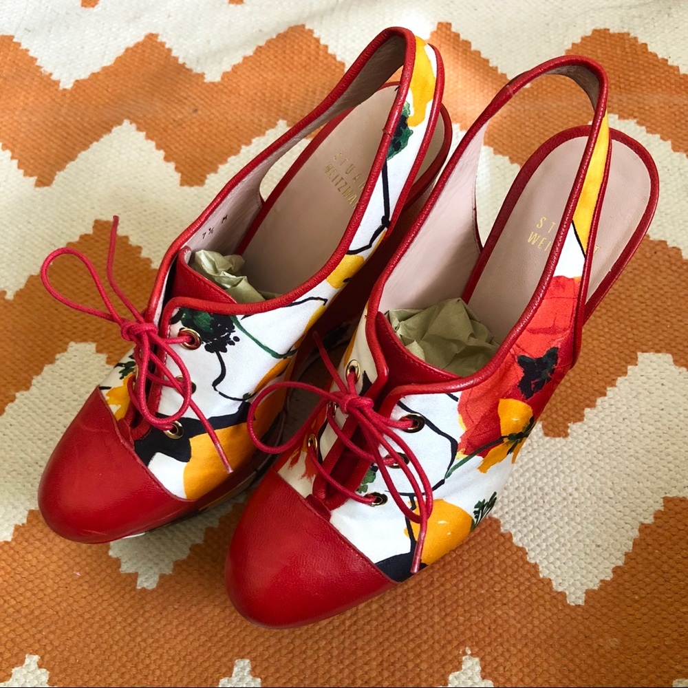 Stuart Weitzman It’s a Tie Floral & Leather Wedge